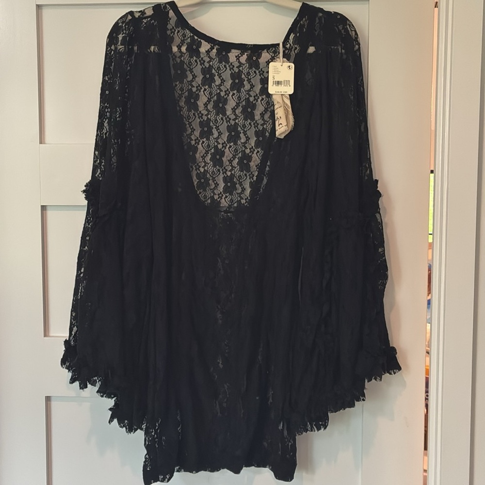 Free People Black Lace Bell Sleeve Mini Dress - Picture 3 of 6